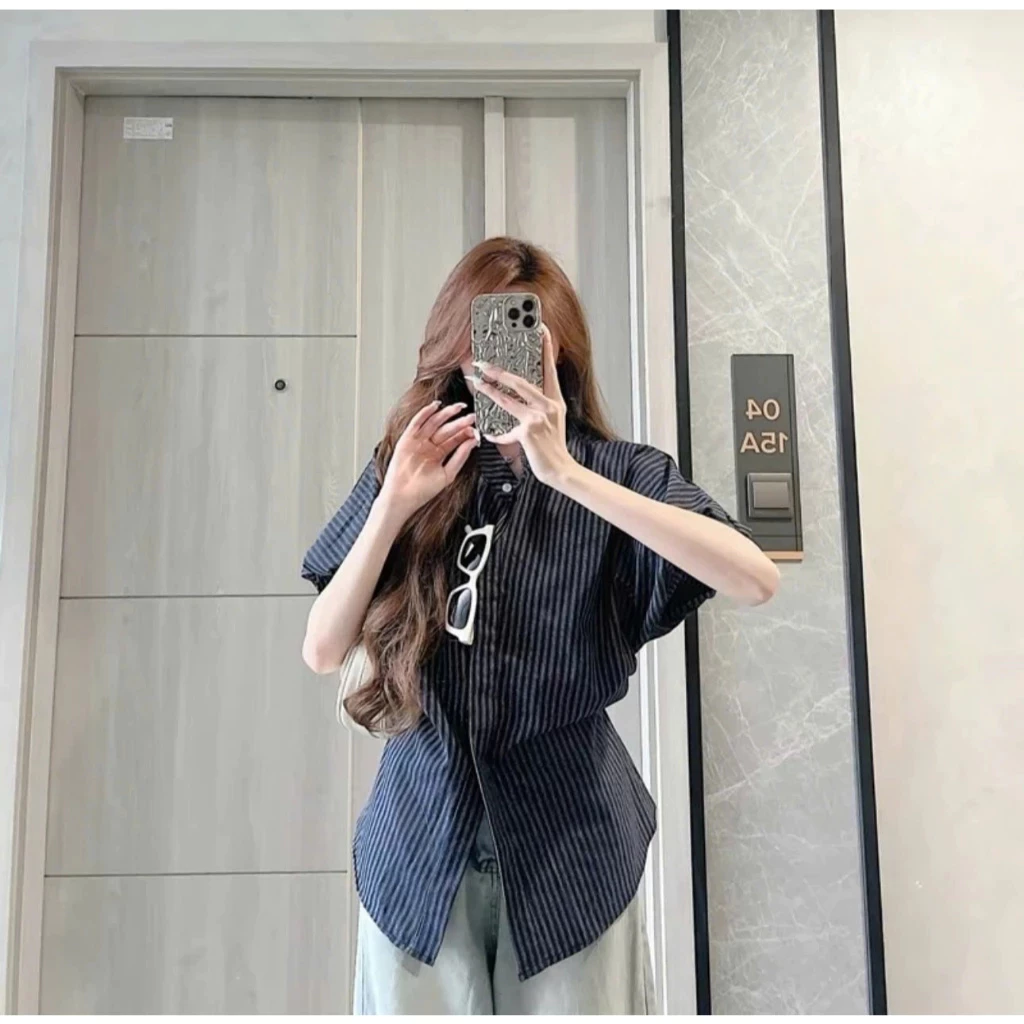 Áo Sơ Mi Tay Bồng Có Dây Rút Eo, Cổ Tàu Kẻ Sọc Xinh Xắn by BUN222