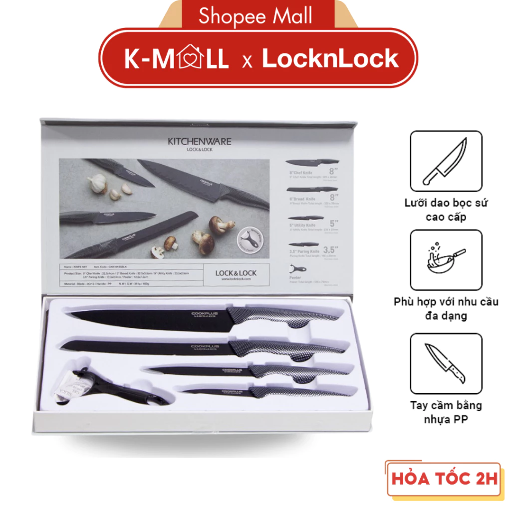 Bộ dao nhà bếp 5 món LocknLock COOKPLUS CKK101S5BLK ,bằng thép không gỉ bọc sứ, có hộp đựng - K-MALL