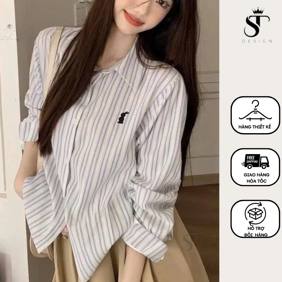 Áo sơ mi nữ tay dài kẻ sọc xanh thêu tay ulzzang QC cao cấp thời trang phong cách dễ phối đồ - ST Design - 02