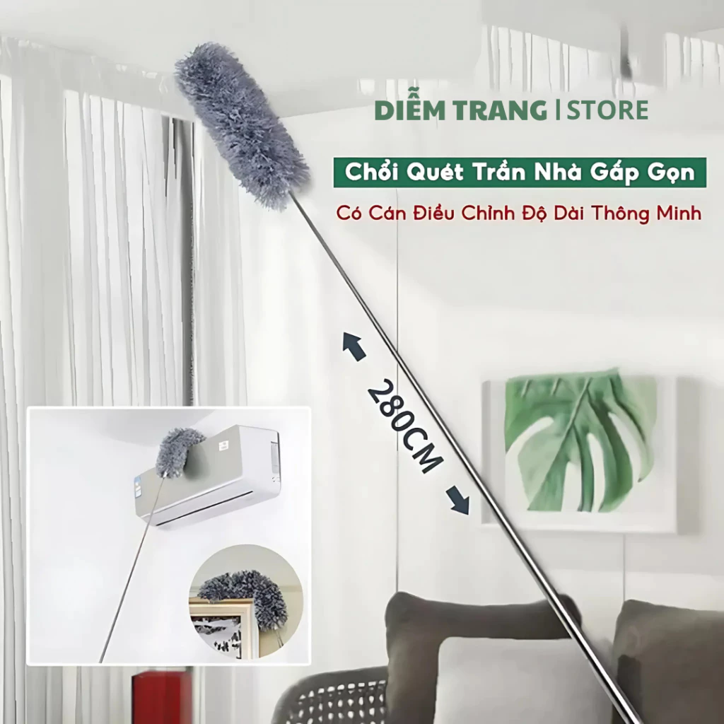 Chổi Quét Trần Nhà Cán Dài 2m8 Gấp Gọn Tiện Lợi - Chổi Quét Bụi Rút Xoay 360 Độ Đa Năng
