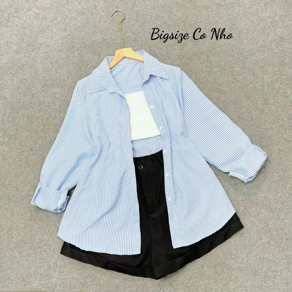 Set 3 món Bigsize nữ áo sơ mi sọc dài tay phối áo thun hai dây co giãn kèm quần đùi dáng A năng động SM49+G118+Q28
