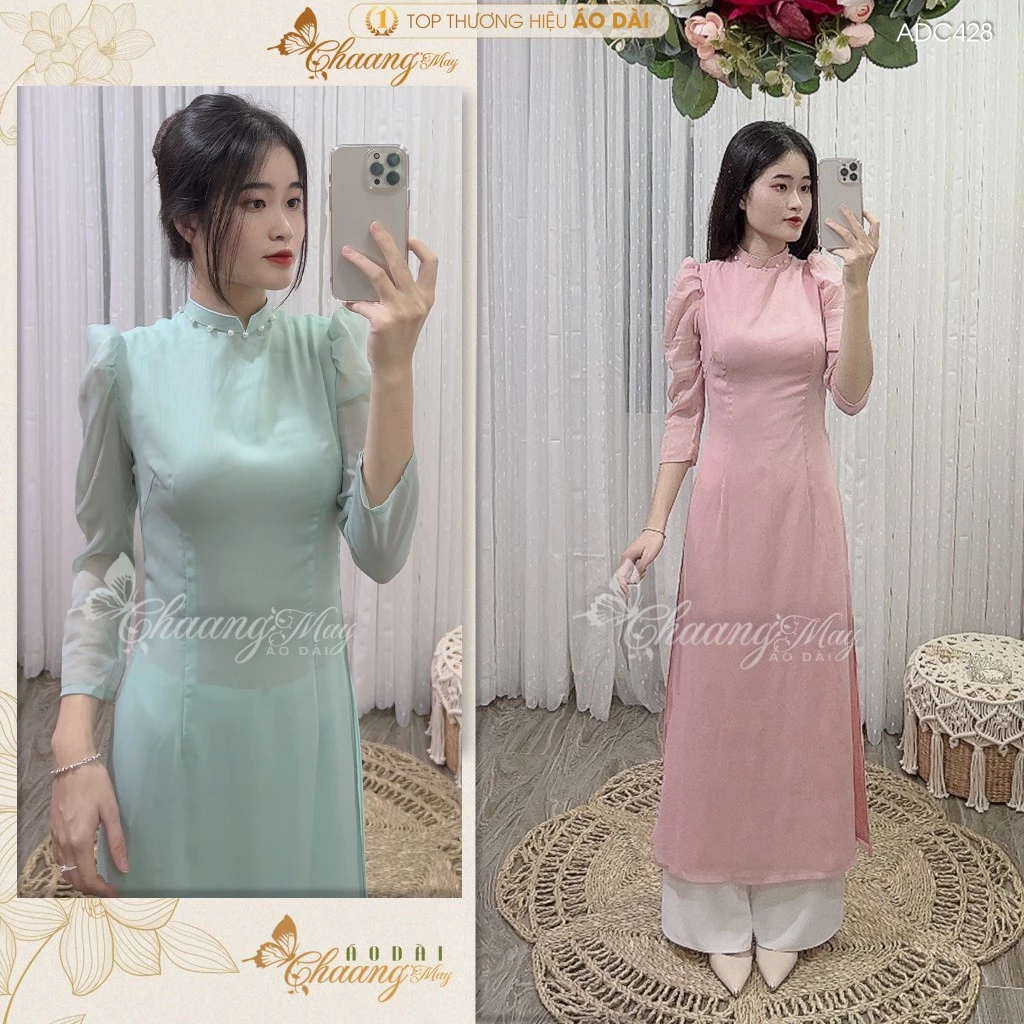 Áo dài cách tân nữ Chaang May sẵn áo dài 4 tà tay bồng lỡ lụa xước tơ ngọc dự tiệc lễ tết đẹp ADC428