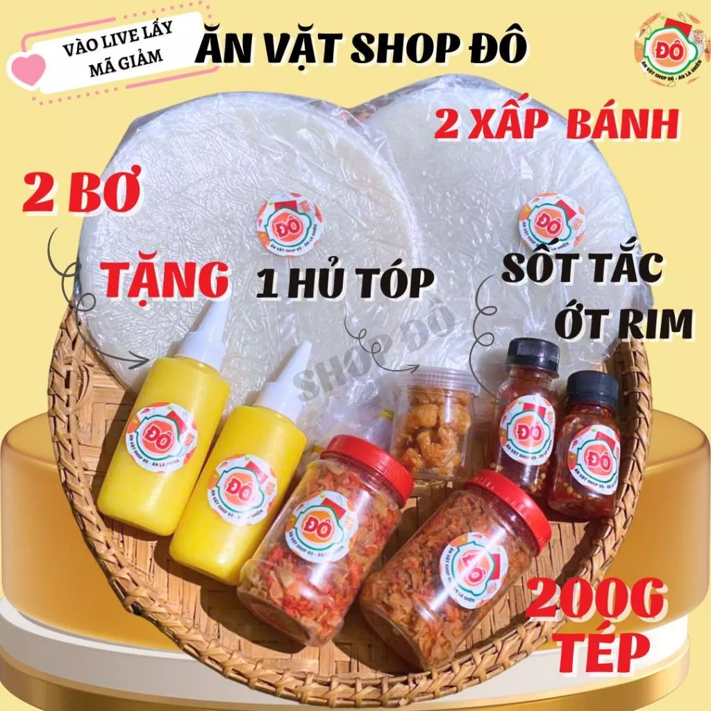 Combo Bánh Tráng Phơi  Sương Muối Tép Hành Phi 2 bánh + 2 bơ + 2 tép - tặng tóp kèm 2 sốt  shop đô