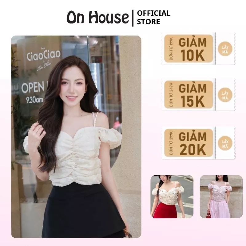 Áo kiểu nữ 2 dây tay bồng trễ vai ON House nhúng eo, chất liệu tơ mệm mại