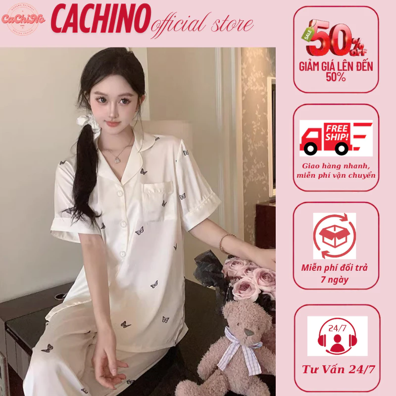 Bộ đồ ngủ nữ lụa xước cao cấp, bộ pyjama cộc tay họa tiết dễ thương hàng Quảng Châu