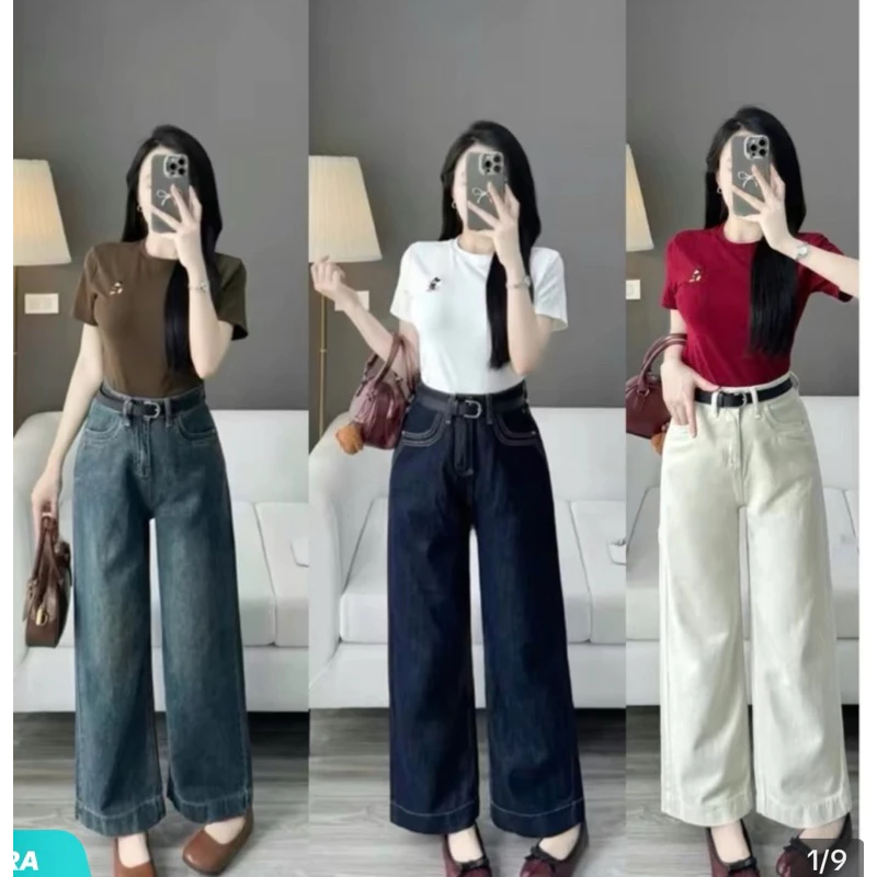 Quần jeans suông nấm lùn 1m47-1m57 cạp cao túi viền- Quần jeans ống rộng vải QC hottrend 2025