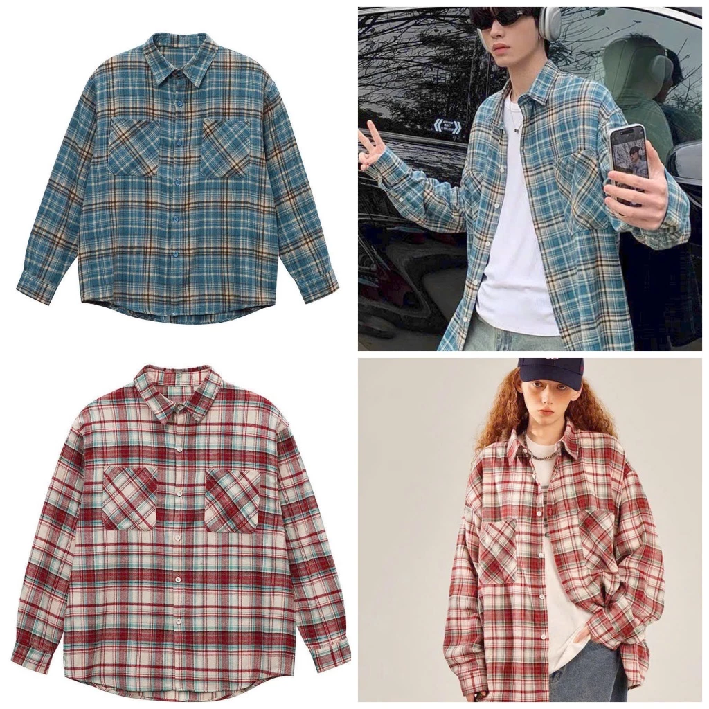 Áo Sơ Mi Caro Nam Nữ Tay Dài Flannel Ullzang Vải kate Kẻ Sọc Caro From Rộng thoáng Mát Phong Cách Trẻ Trung Năng Động