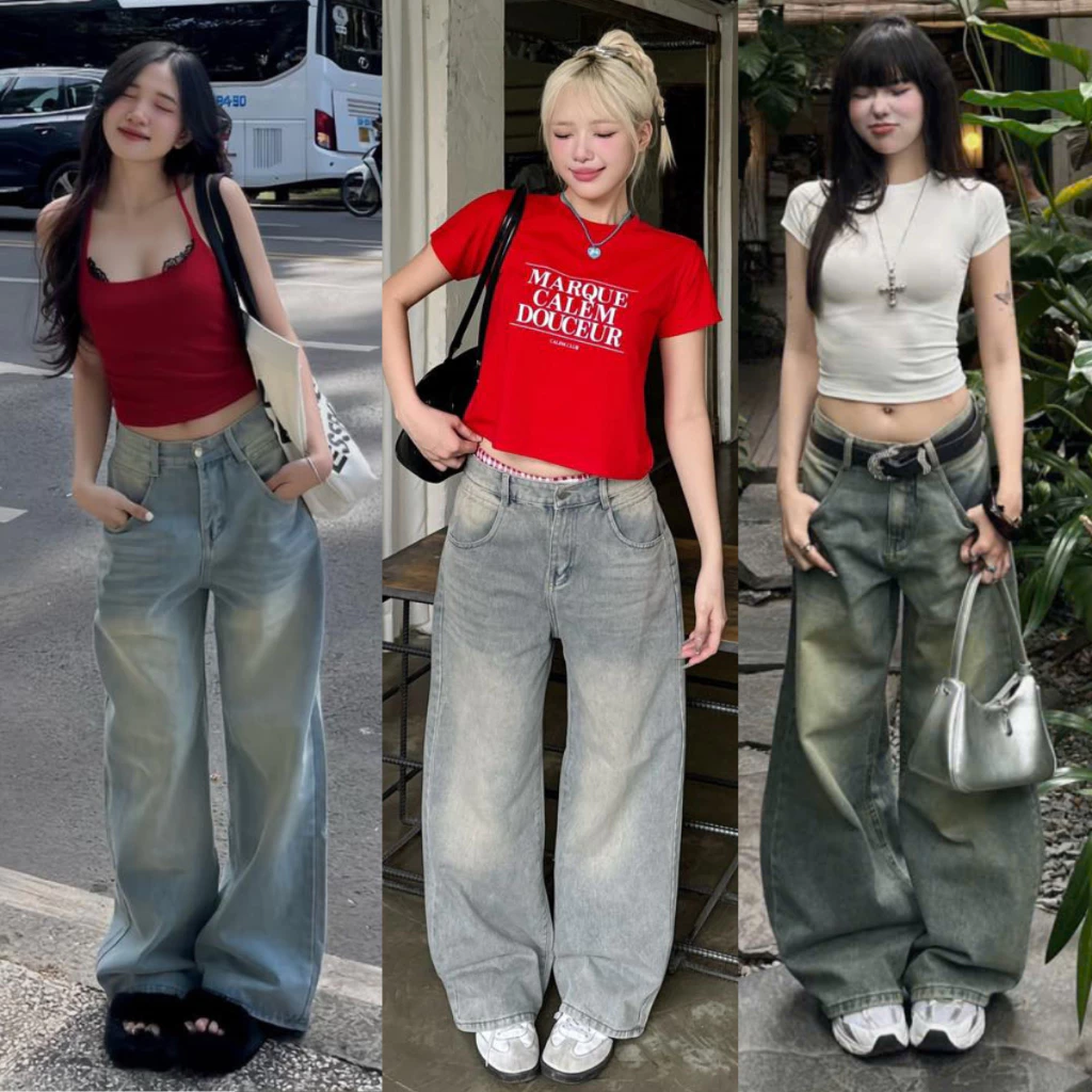 Quần Jean Nữ ống rộng Cạp cao MIAA chất jean mềm lưng cao dáng Suông Đứng Wash Retro BIGSIZE Hottrend 2025
