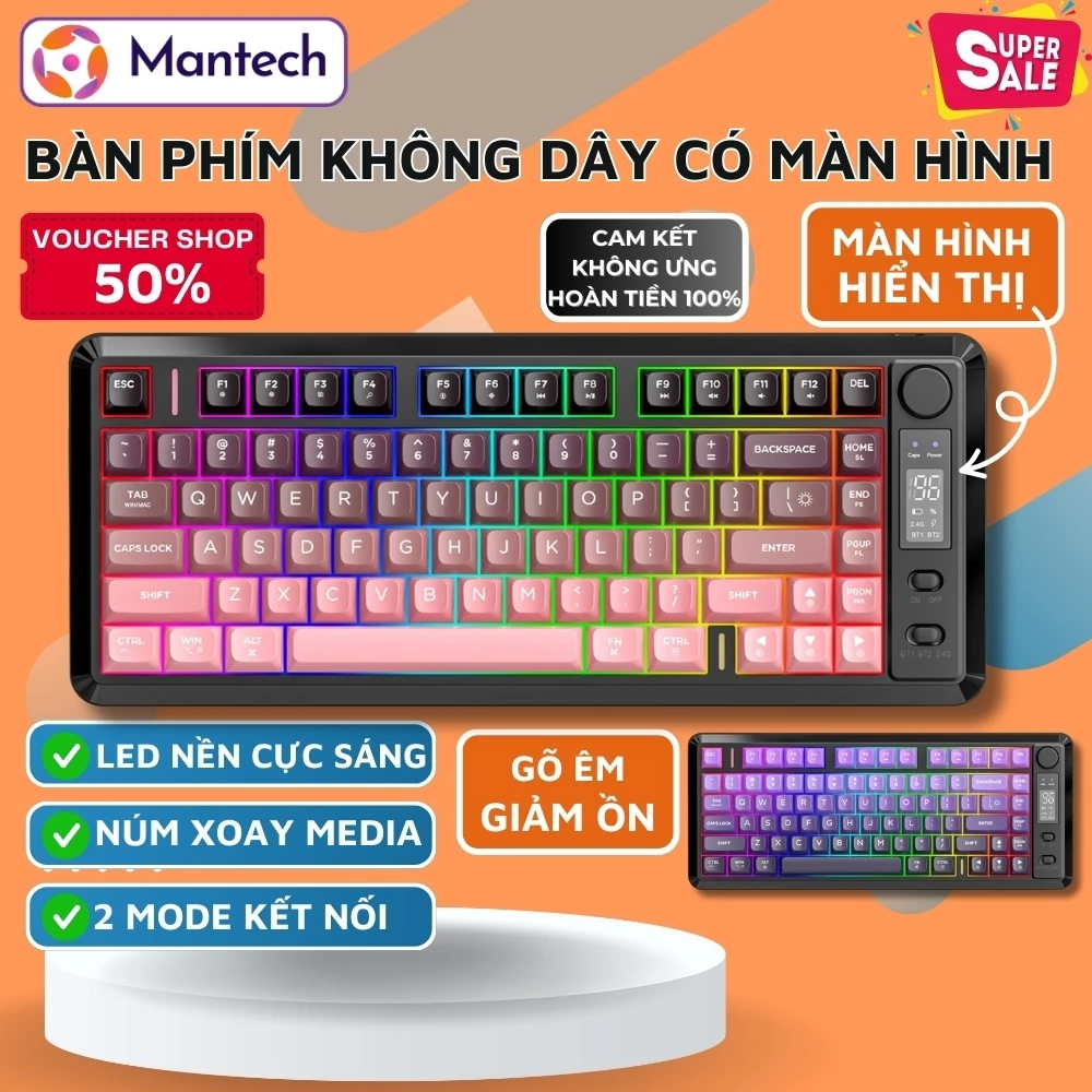 Bàn Phím Không Dây Free wolf M75 - Màn Hình Hiển Thị, LED 7 Màu, Keycap PBT, Kết Nối Mọi Thiết Bị