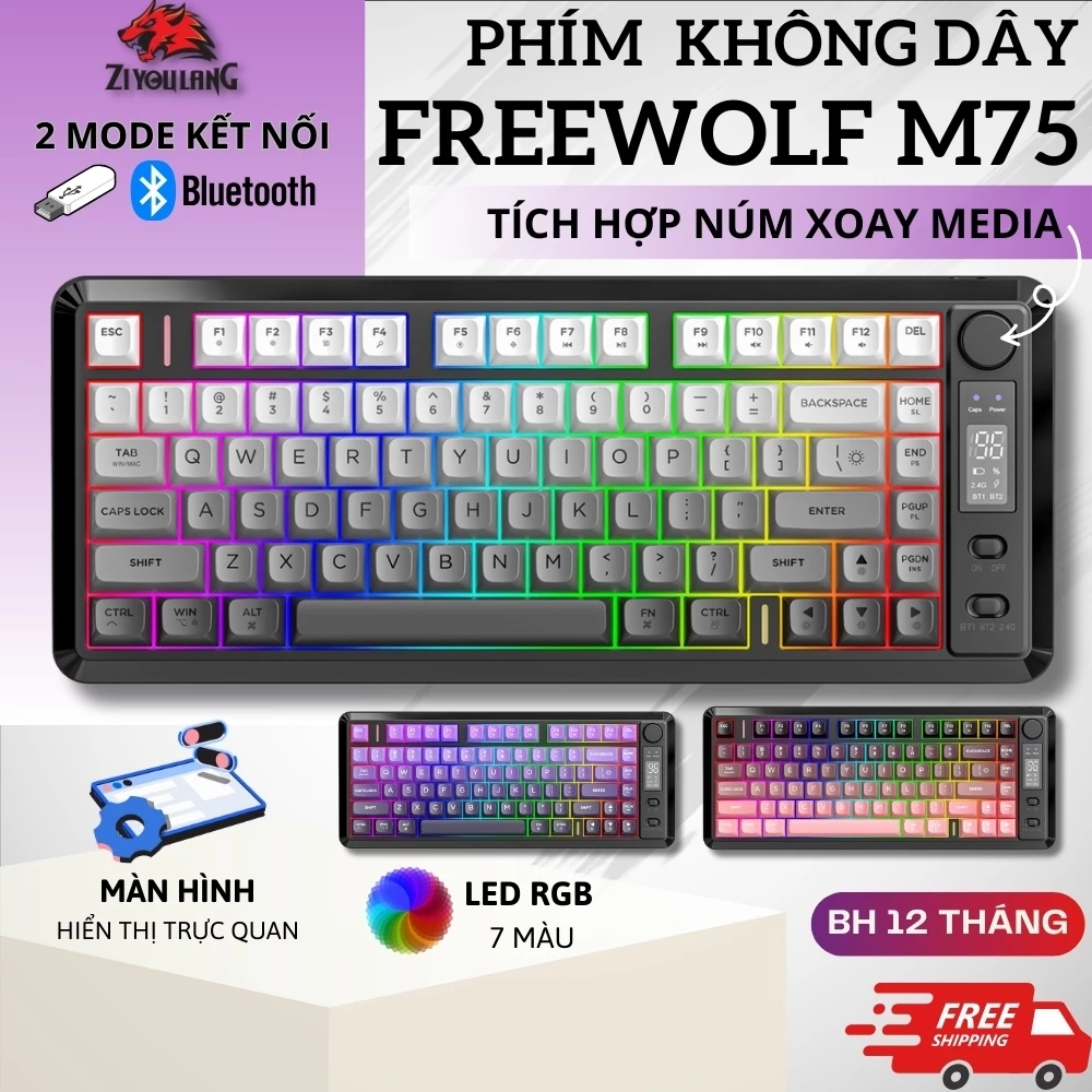 Bàn Phím Không Dây Free Wolf M75 - Layout 81 Phím, Pin 15 Ngày, Full Led, Có Màn Hình + Núm Xoay