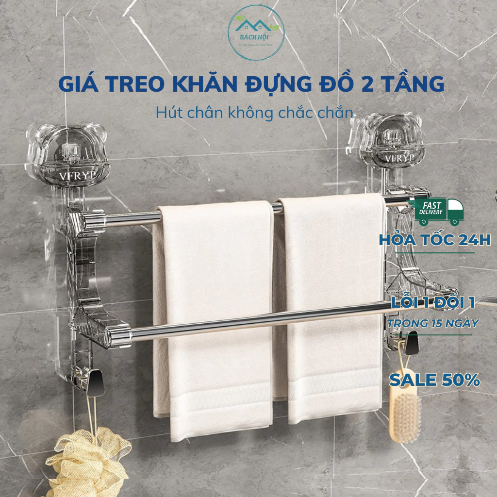 Giá Treo Khăn 2 Tầng Có Hút Chân Không Không Cần Khoan Tường Dán Siêu Chắc
