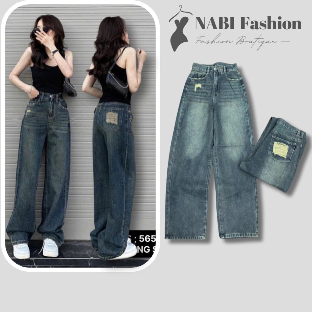 Quần Jeans Nữ Ống Rộng NABI Fashion Rách Túi Cạp Cao Ôm Eo Hack Dáng , Quần Bò Ống Rộng Mềm Mịn Chất Jean xịn xò