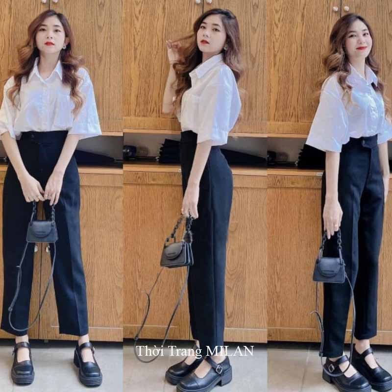 Quần Tây Nút Lệch - Giữa Lưng Cao Nữ M50 M55 M60 M609 Đi Học Dáng Quần Baggy Nữ Cạp Cao Công Sở Đi Làm Học Vải Dày Mềm