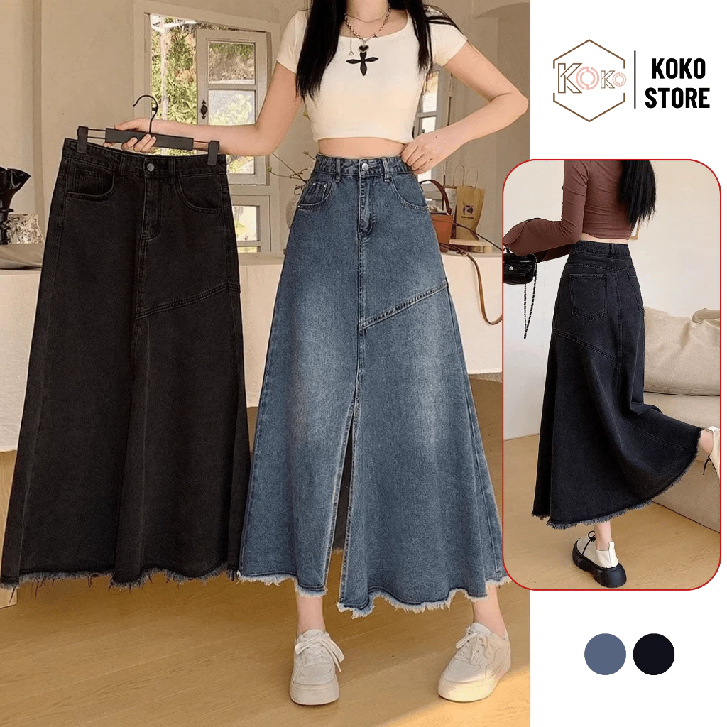 Chân váy jeans nữ dáng dài xoè cạp cao tôn dáng, chân váy bò nữ xanh đen hottrend KoKo CVD 58