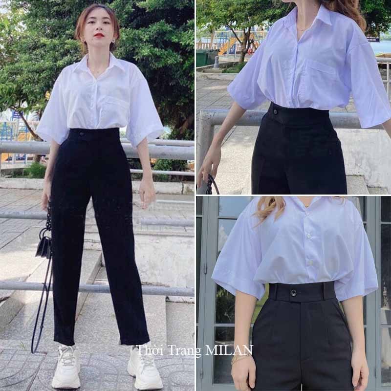Quần Tây Lưng Cao Nữ Đi Học 1 Nút Cúc Lệch Giữa M609 Khóa Kéo M50 M55 M50 Dáng Quần Baggy Nữ Cạp Cao Vải Vitex Dày Mềm
