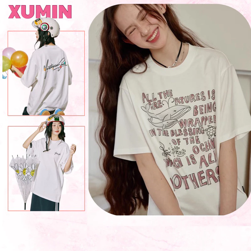 Áo Thun Xumin Form Rộng Chất Cotton Màu Trắng Nhiều Hình