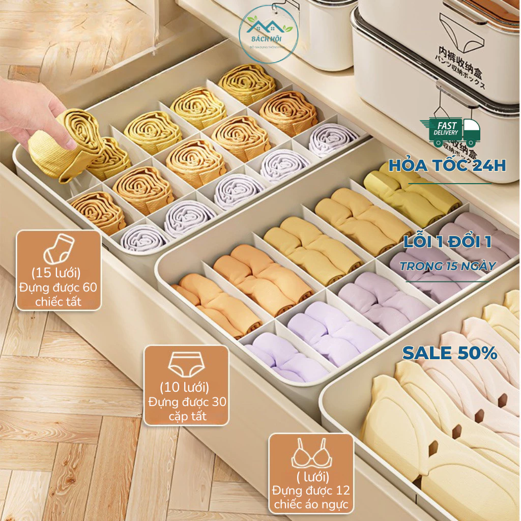Hộp Đựng Đồ Lót Tất Vớ, Khay Chia Ngăn Đa Năng Có Nắp Chống Bụi Chứa Hạt Thơm Chất Liệu PET