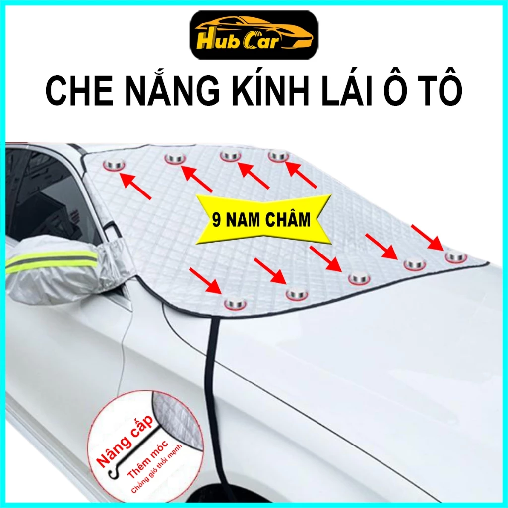 Tấm Che Nắng Kính Lái Ô Tô 4 Lớp Tráng Bạc Cao Cấp 9 Nam Châm, 4 Dây Đai, Tai Gương Phản Quang