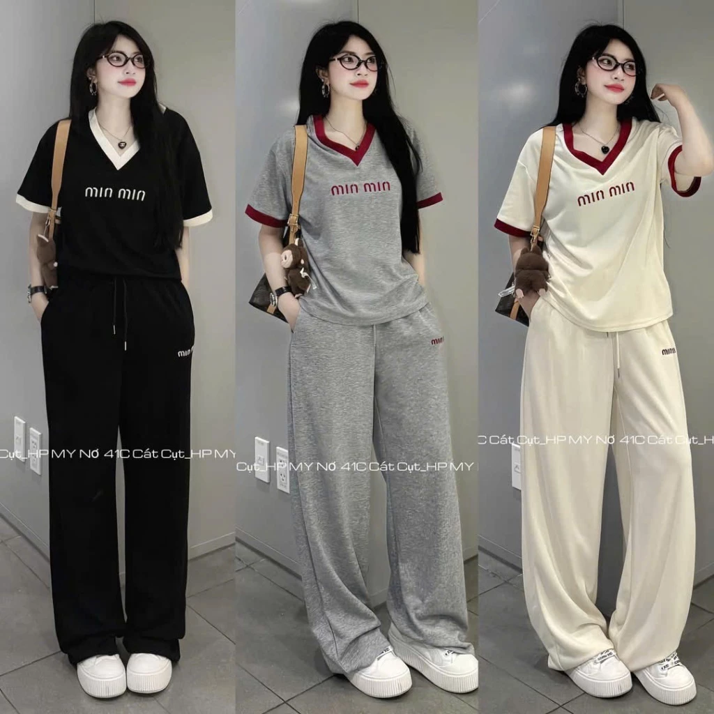 Q60- Set áo nữ cổ tim viền tay cực xịn mix quần ống rộng có dây rút từ 40-68kg
