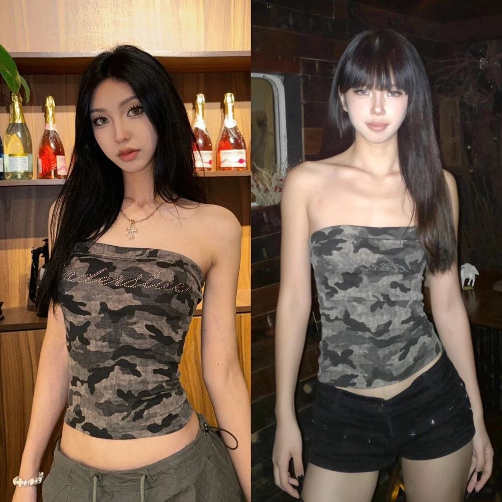 (sẵn)Áo quây rằn ri camo hoạ tiết chữ đính đá chất cotton co giãn AQ005 - Tiktik