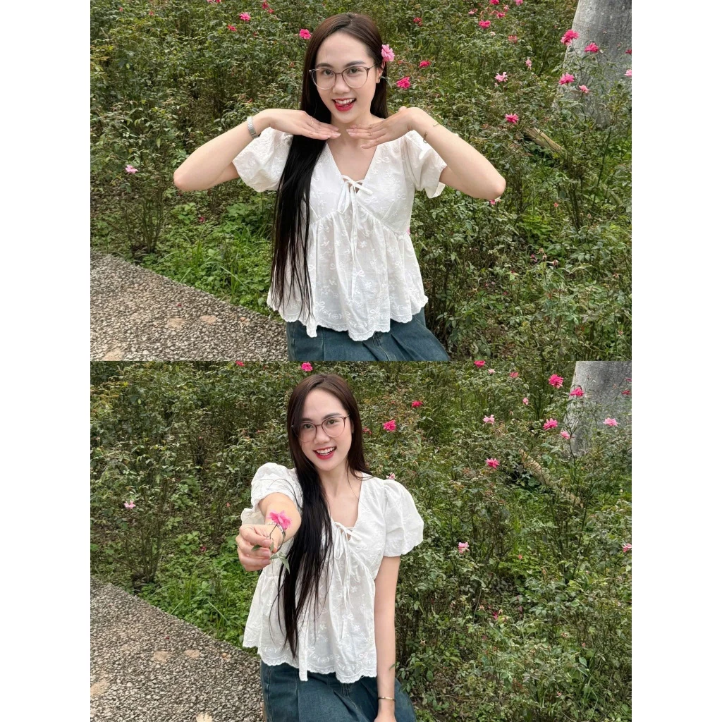 Áo babydoll form rộng cổ V thắt nơ xinh xắn MUZA  A53