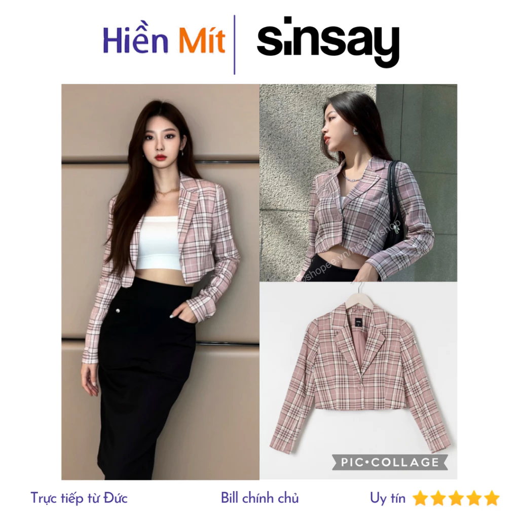 (Size XXS, S) Sinsay Đức - Áo khoác blazer croptop sọc caro lớn hồng đất sale auth cao cấp chính hãng có sẵn 5968J-39X