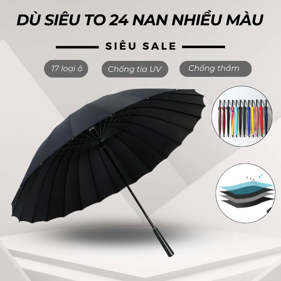 Ô Che Mưa Siêu To 24 Nan KAW, Ô Chống Thấm, Đường Kính 115cm, Không Rỉ, Chống Tia UV