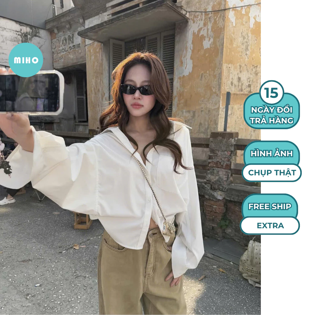 Áo Sơ Mi Croptop Dáng Rộng, Áo Somi Kiểu Dây Buộc Lưng Tay Rộng Chất Vải Thô Nến Miho House
