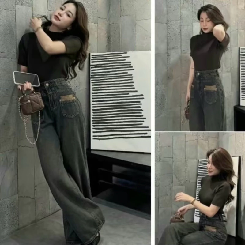 Quần jeans suông 2 túi trước vuông pha màu lưng cao tôn dáng chất bò loại 1