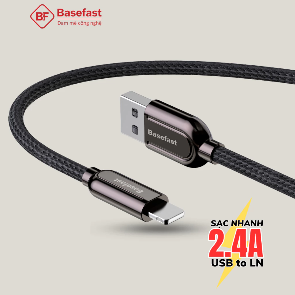 Dây sạc nhanh cao cấp Basefast cáp dù đầu bọc kim loại siêu bền cho Phone 8 plus xs max 11 12 13 pro