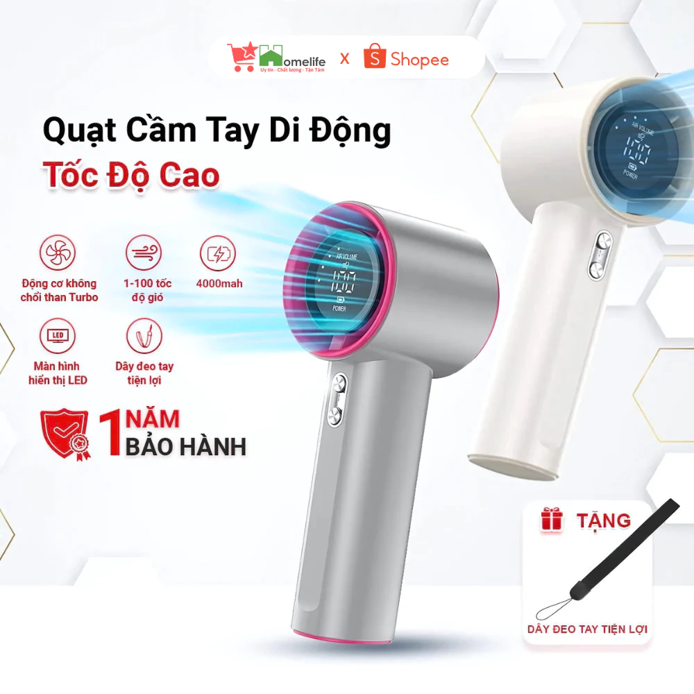 Quạt Cầm Tay Sạc Tích Điện USB 100 Cấp Độ Gió Siêu Mát Pin 4000mAh Bảo Hành 12 tháng