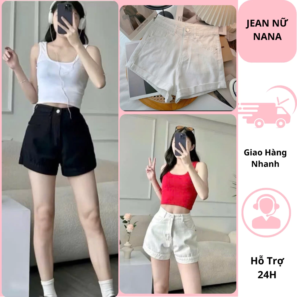 Quần shorts jeans nữ cạp cao dáng ngắn có 2 túi sau quần đùi sooc ôm body tôn dáng 2 màu đen trắng chất vải mềm mại