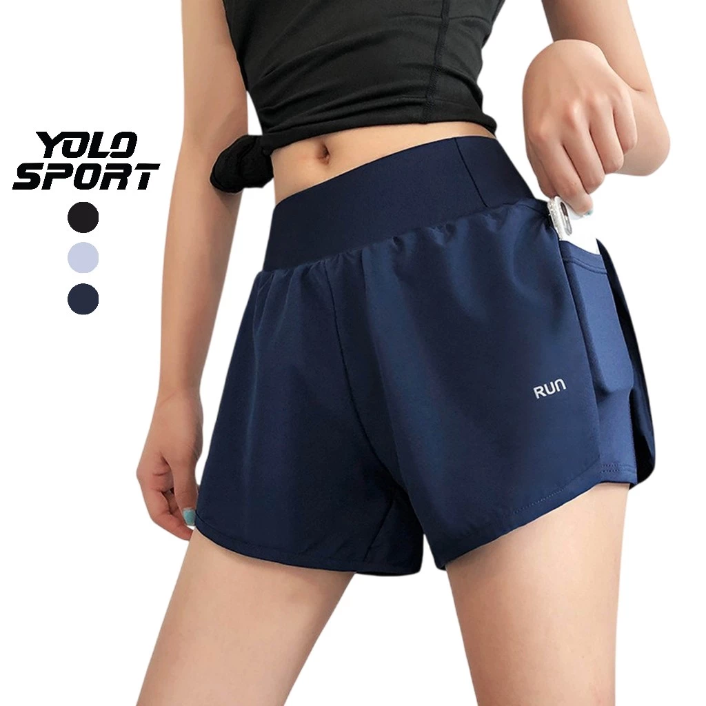 Quần Short Đùi Nữ RUN 2 Lớp Chất Vải Co Giãn Thoáng Mát Có Túi Để Điện Thoại Tiện Lợi Tập Gym Yoga Chạy Bộ YOLO SPORT