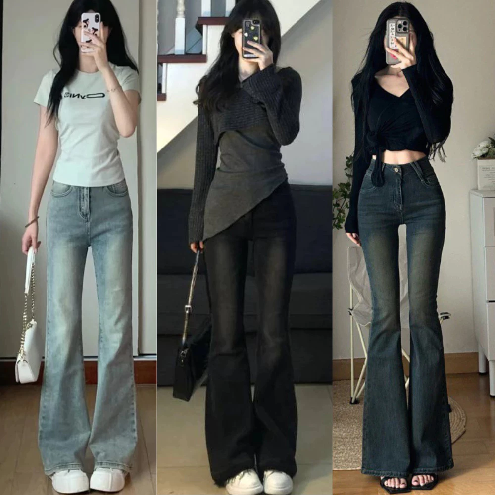 Quần Jean Nữ Ống Loe Cạp Cao Đứng Co Giãn Màu Xanh Mài RETRO, Quần Bò Loe Đen Loang Dài