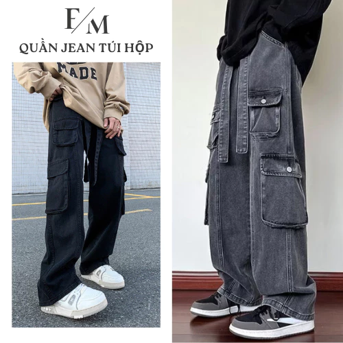 Quần Jean Túi Hộp Nam Kèm Dây Đai Có Thể Tháo Rời Quần Jean Unisex Cargo Pants Suông Ống Rộng Phong Cách Hàn Quốc MIAA