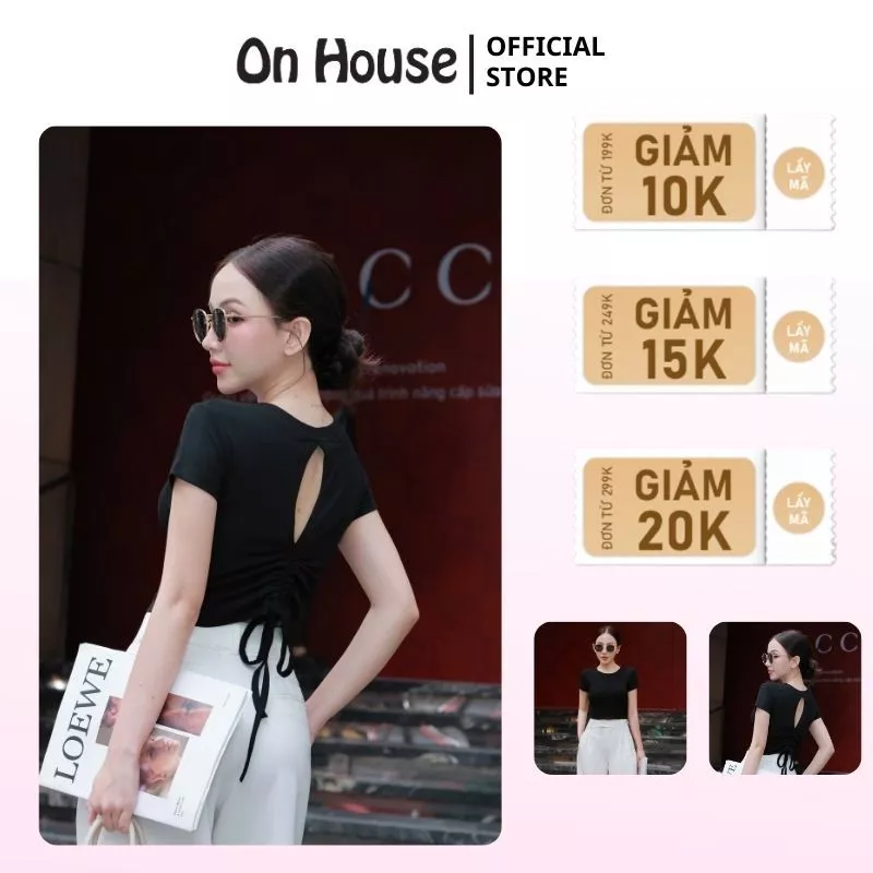 Áo thun nữ tay ngắn ON House, áo hở lưng basic phía sau có dây rút chất thun cotton mát mịn