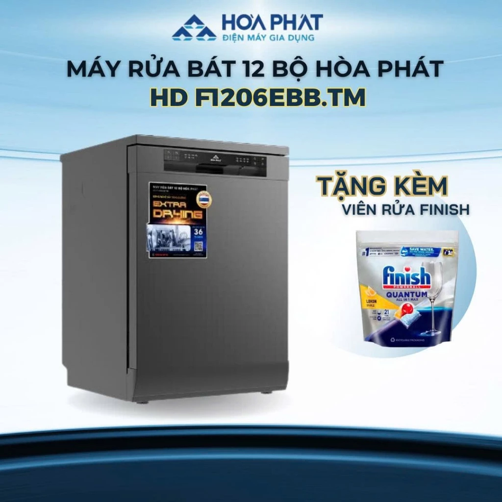 {Miễn phí lắp đặt +Tặng 01 túi viên rửa} - Máy rửa chén bát 12 bộ Hòa Phát HD F1206EBB.TM - Bảo hành 36 tháng.