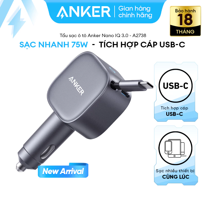 Tẩu sạc xe hơi Anker Nano 75W tích hợp 1 cáp USB-C (Một cổng USB-C 30W) sạc 2 thiết bị hỗ trợ PPS, PD, QC 3.0 - A2738
