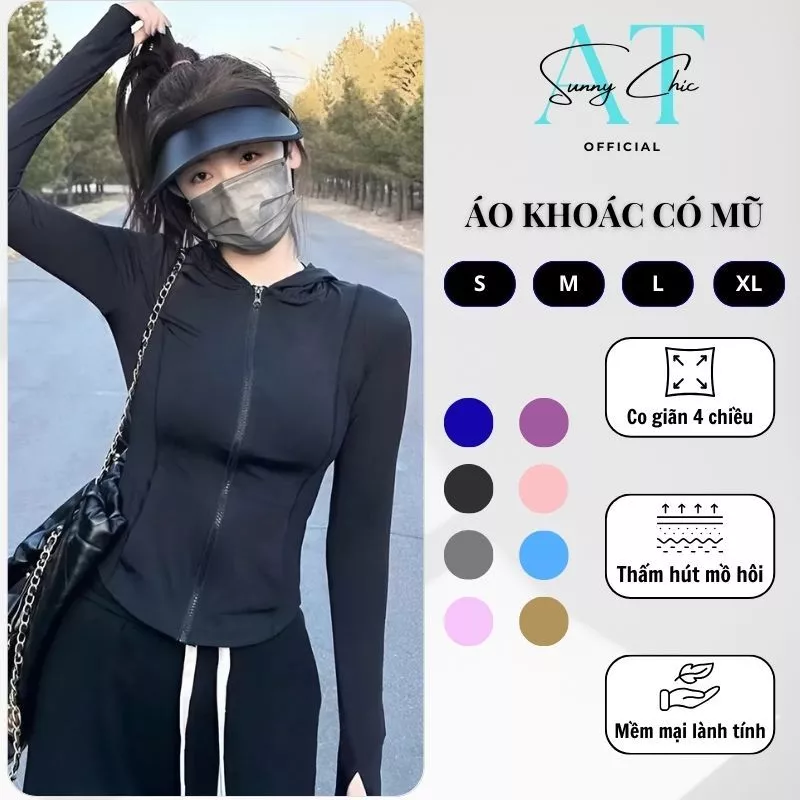 [SCCM] Áo khoác thể thao nữ, áo chống nắng CÓ MŨ SUNNYCHICC ôm body  tập gym thoáng mát