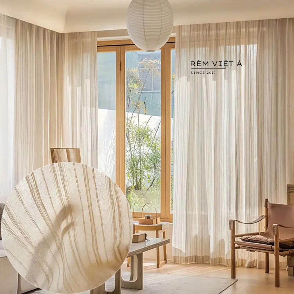 Rèm Voan Màu Begie - Phong Cách Cổ Điển, Họa Tiết Dây Thừng Bắt Mắt, Trang Trí, Decor Phòng Ngủ, Phòng Khách