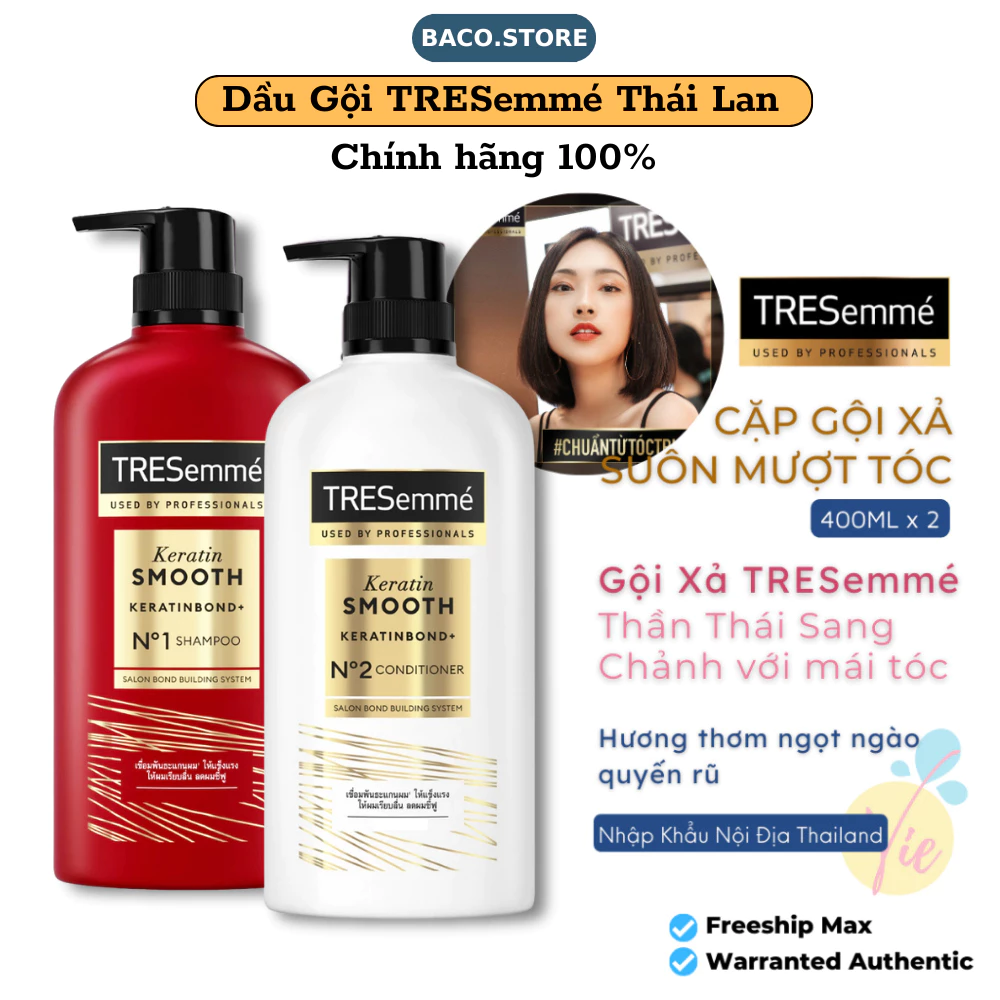 Combo Dầu Gội, Dầu Xả TRESEMME Keratin Smooth Thái Lan 370ml Dưỡng tóc khô xơ rối, Suôn Mượt