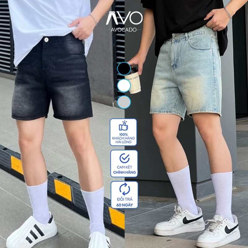 Quần Short Sọt đùi Lửng Ngố Bò Jean Nam Đen Xanh Retro Wash Rách form TRÊN GỐI Avocado