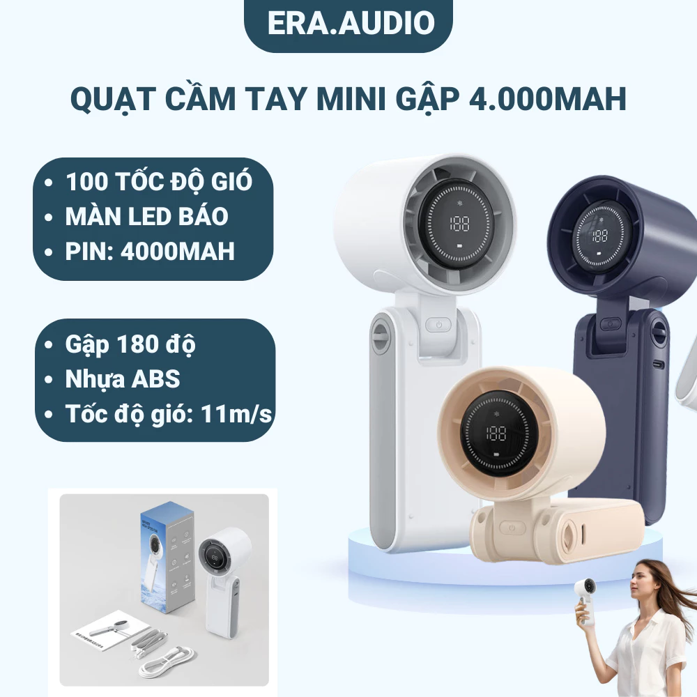 Quạt gấp 180° mini 100 cấp độ gió, Quạt di động phản lực để bàn đeo cổ dung lượng cao 4.000mah