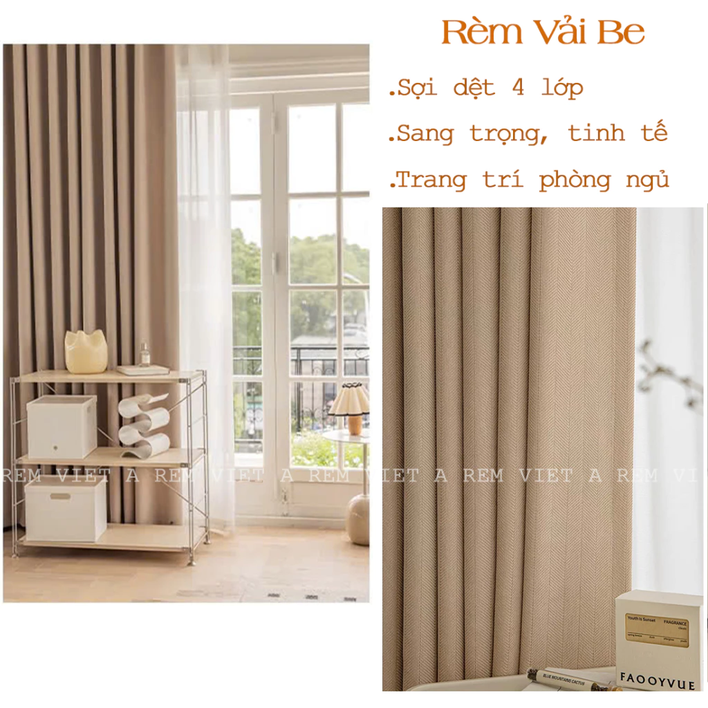 Rèm Vải Thô Màu Be - Chất Vải Cao Cấp, Họa Tiết Tinh Tế, Sợi Dệt 5 Lớp Trang Trí Phòng Ngủ, Phòng Khách