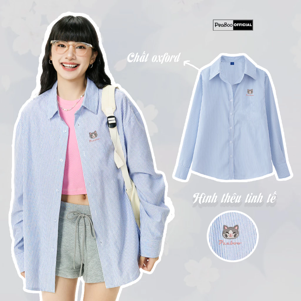 Áo Sơ Mi Kẻ Thêu BST10 Dài Tay Unisex By PEABOO Form Rộng Thoáng Mát Dành Cho Nam Nữ