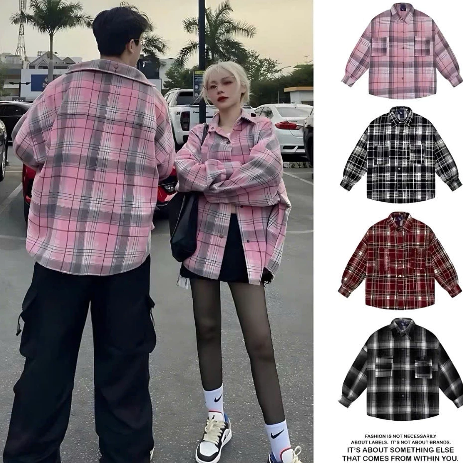 Áo khoác chống nắng nam nữ Flannel Form rộng chất vải dạ cotton kẻ caro dày dặn-