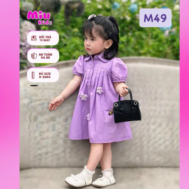 (8-26kg) Đầm Tím Babydoll chất Kate Bé Gái Mùa Hè Cực Mát
