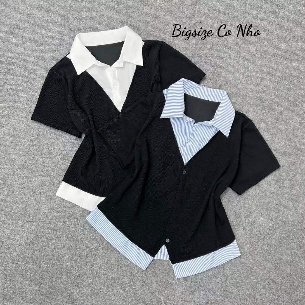 Áo sơ mi kiểu bigsize nữ giả hai lớp tay ngắn thanh lịch vải thun ruby phối kẻ sọc tôn dáng - SM185