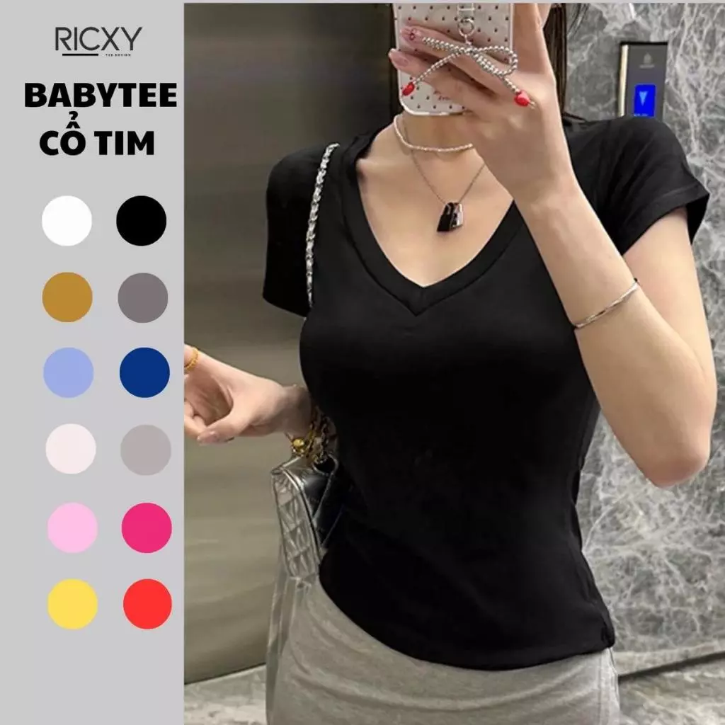 Áo Thun Babytee Trơn Cổ Tim Nhiều Màu Vải Thun Bogen Cotton Top Nữ Women Cổ Tròn ao 39