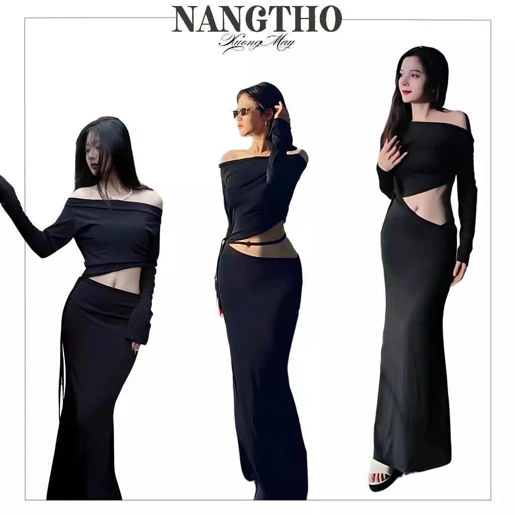 716 Đầm Nữ Dáng Dài Bẹt Vai Dáng Đuôi Cá Đi Biển Chất Thun Gân Co Giãn